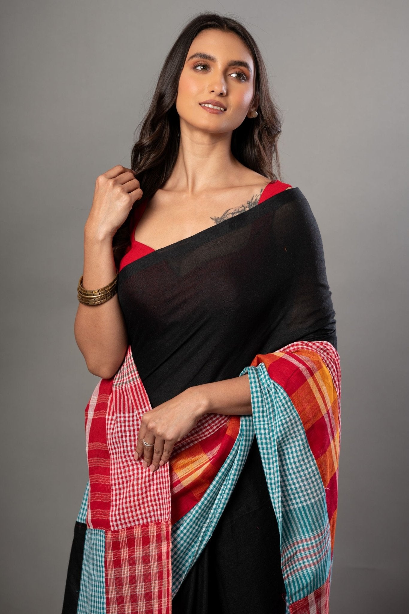 Black Cotton Saree With Red and Multicolor Gamcha Checks - Anvi Couture