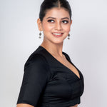 Black Cotton Silk Plunging V Neckline Blouse with Elbow Sleeves 