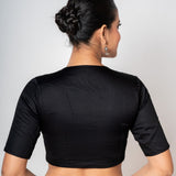 Black Cotton Silk Plunging V Neckline Blouse with Elbow Sleeves