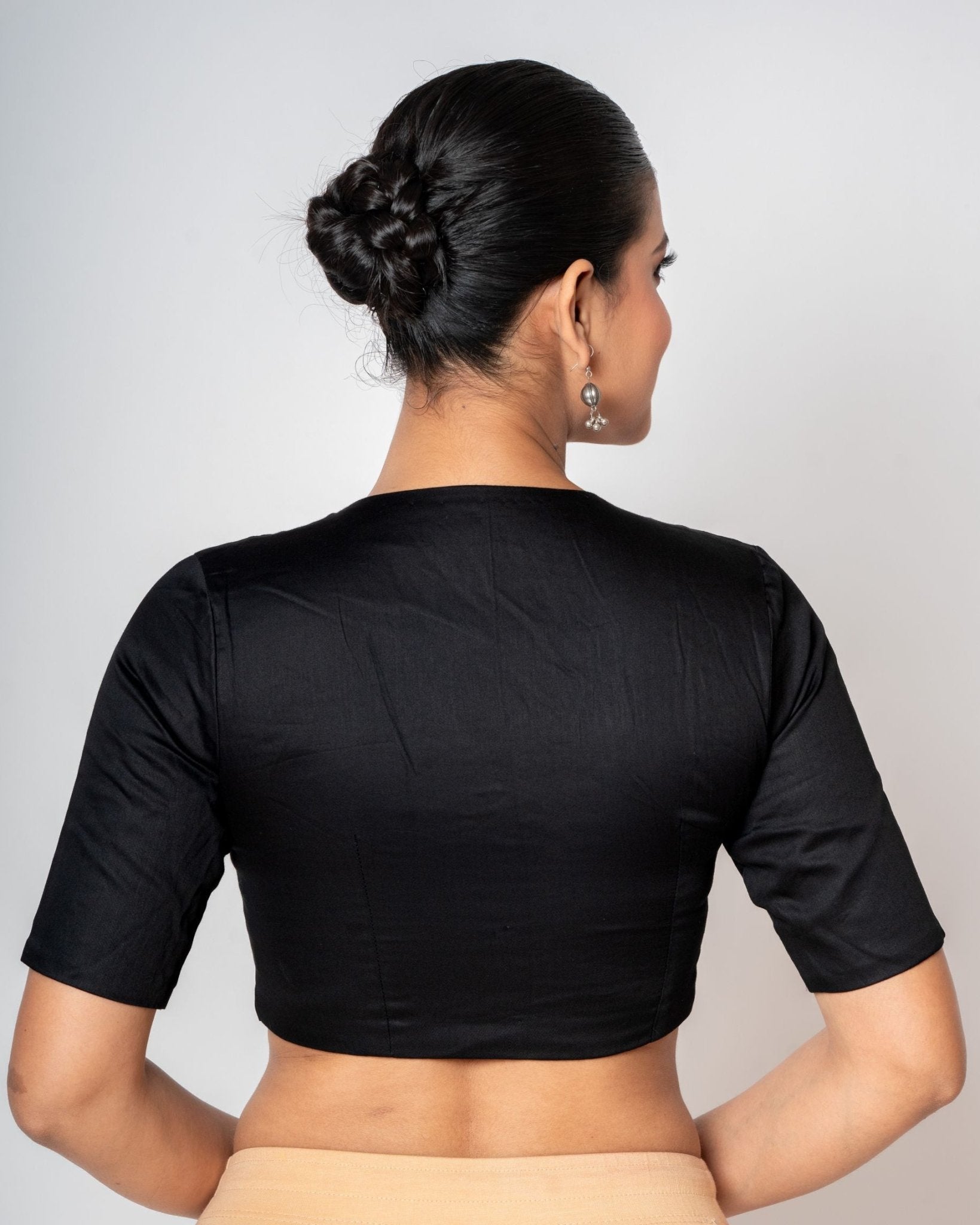Black Cotton Silk Plunging V Neckline Blouse with Elbow Sleeves