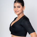 Black Cotton Silk Plunging V Neckline Blouse with Elbow Sleeves 