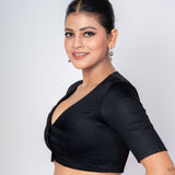 Black Cotton Silk Plunging V Neckline Blouse with Elbow Sleeves 