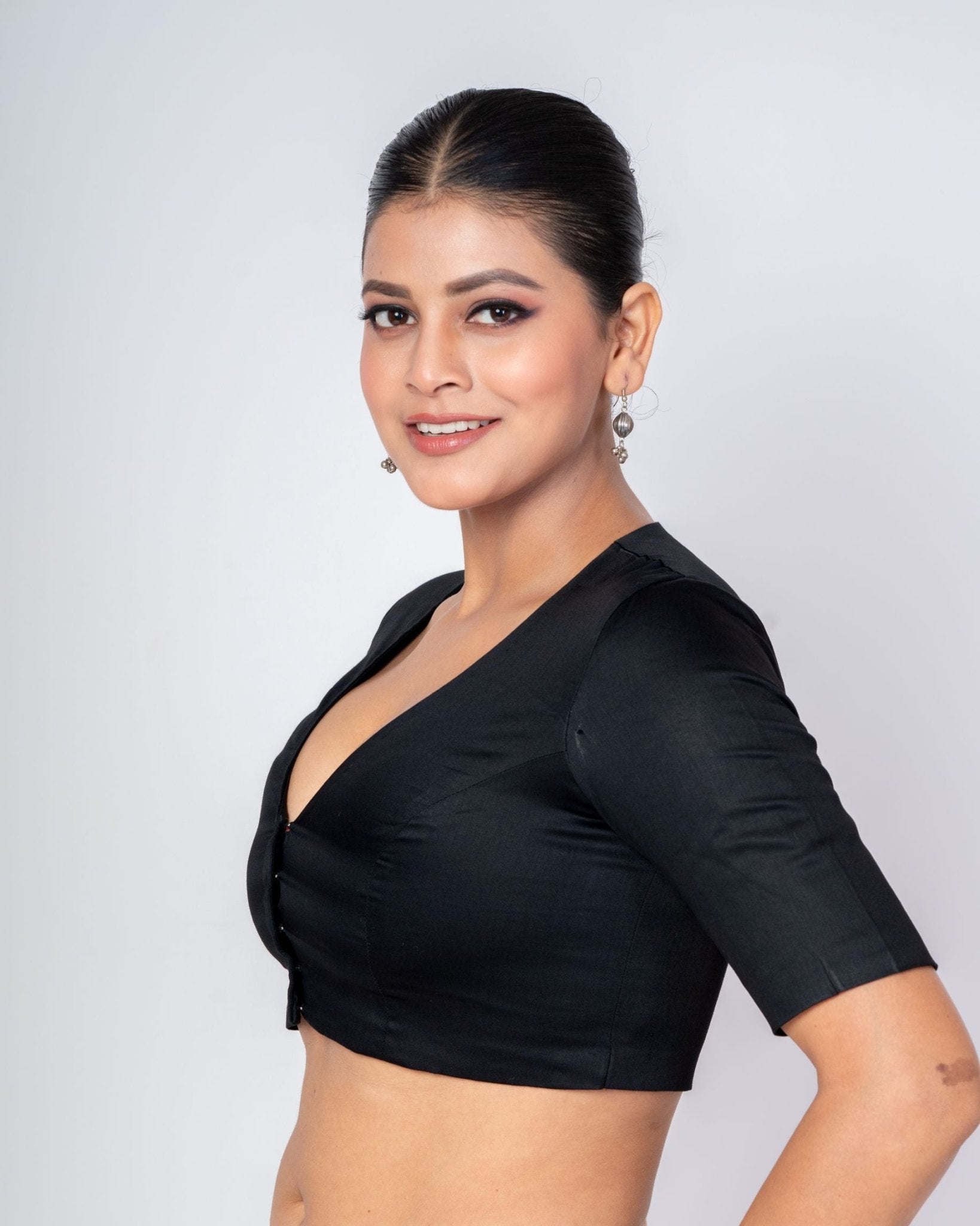 Black Cotton Silk Plunging V Neckline Blouse with Elbow Sleeves 