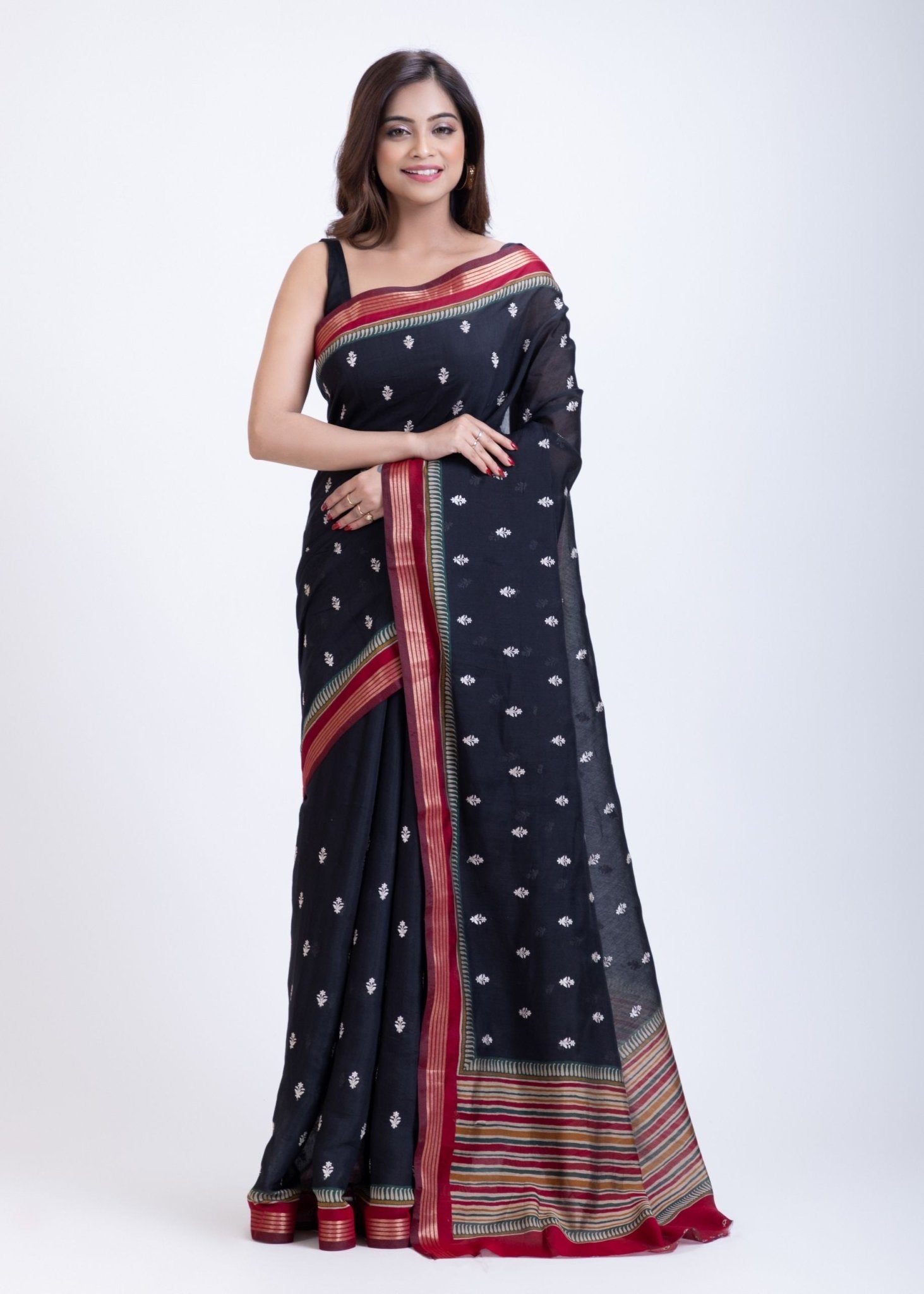 Black Cotton Silk Saree With Red Border and Pallu - Anvi Couture