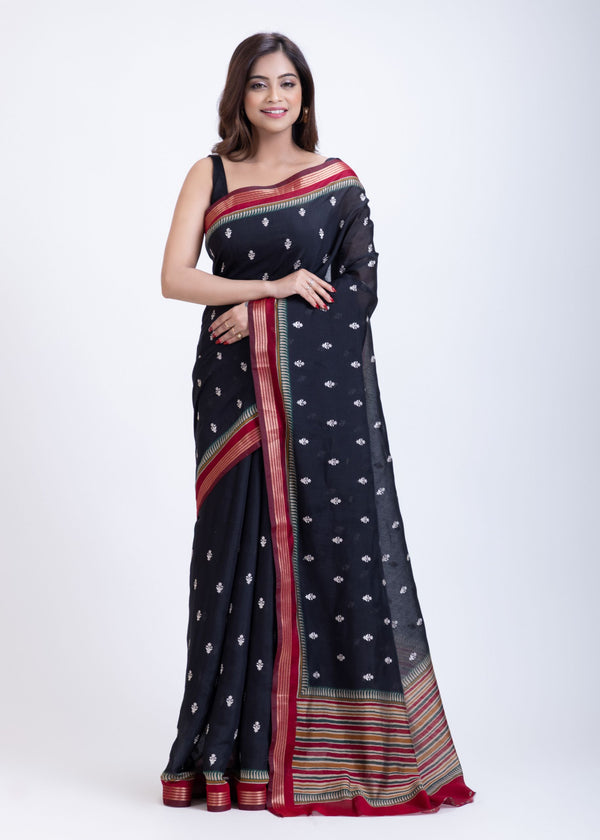 Black Cotton Silk Saree With Red Border and Pallu Full
