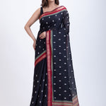 Black Cotton Silk Saree With Red Border and Pallu Front