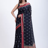 Black Cotton Silk Saree With Red Border and Pallu Front