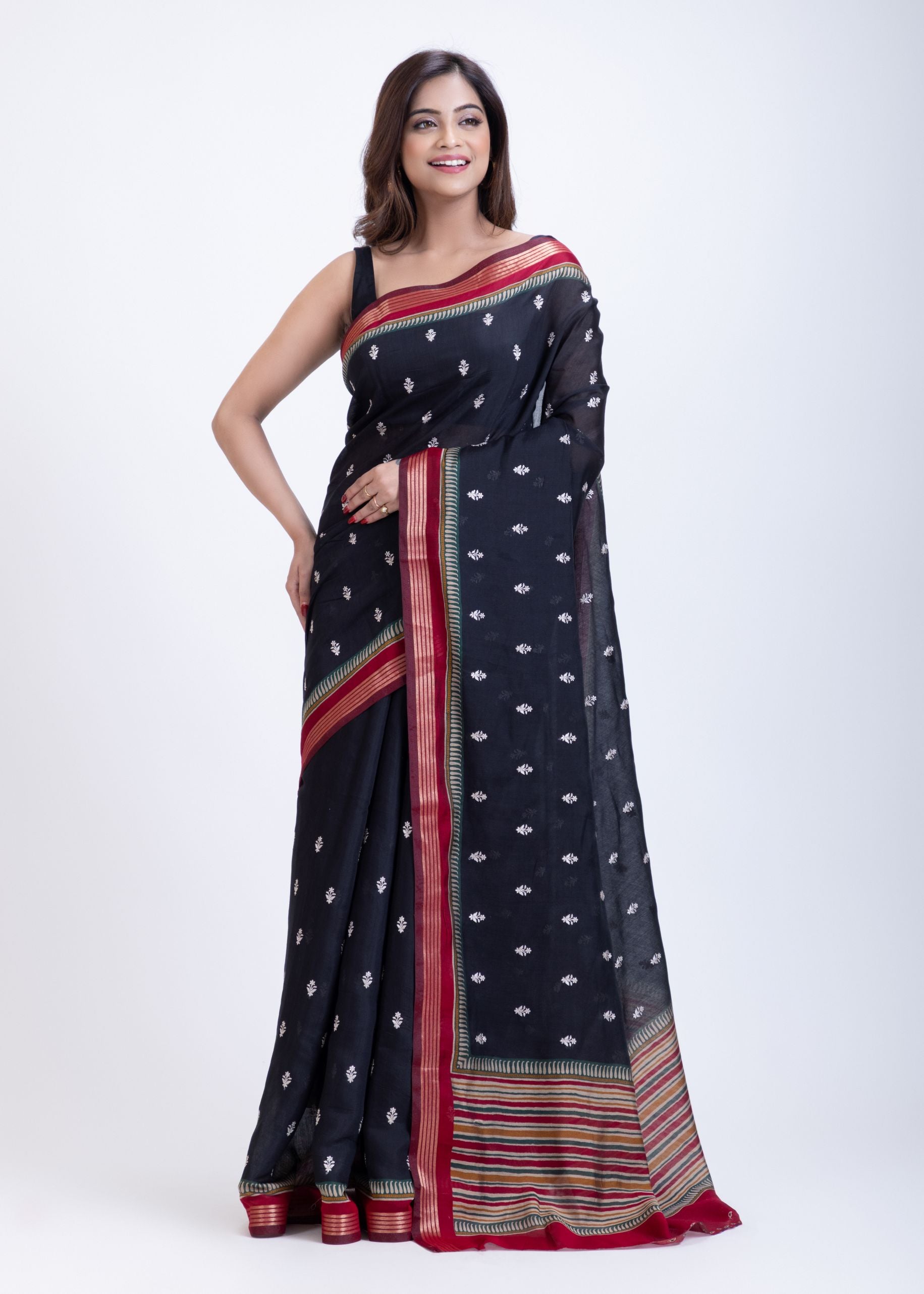 Black Cotton Silk Saree With Red Border and Pallu Front