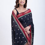 Black Cotton Silk Saree With Red Border and Pallu Close Up