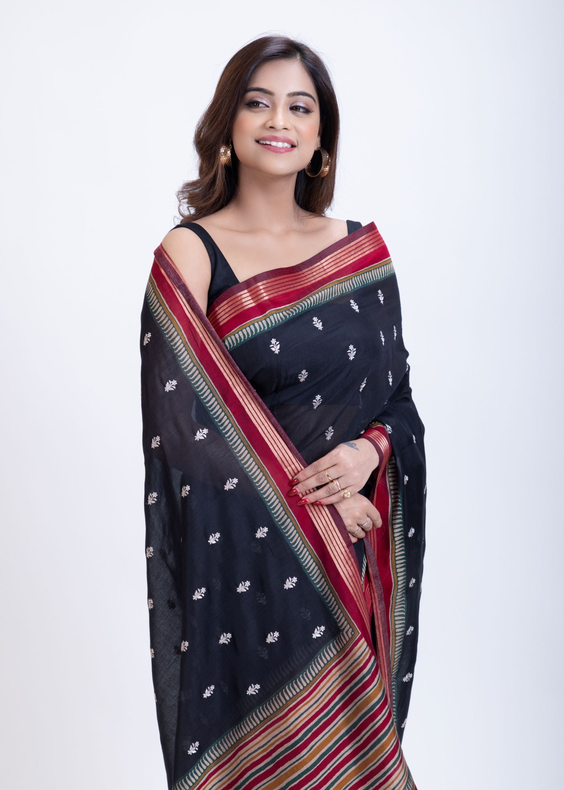 Black Cotton Silk Saree With Red Border and Pallu Close Up
