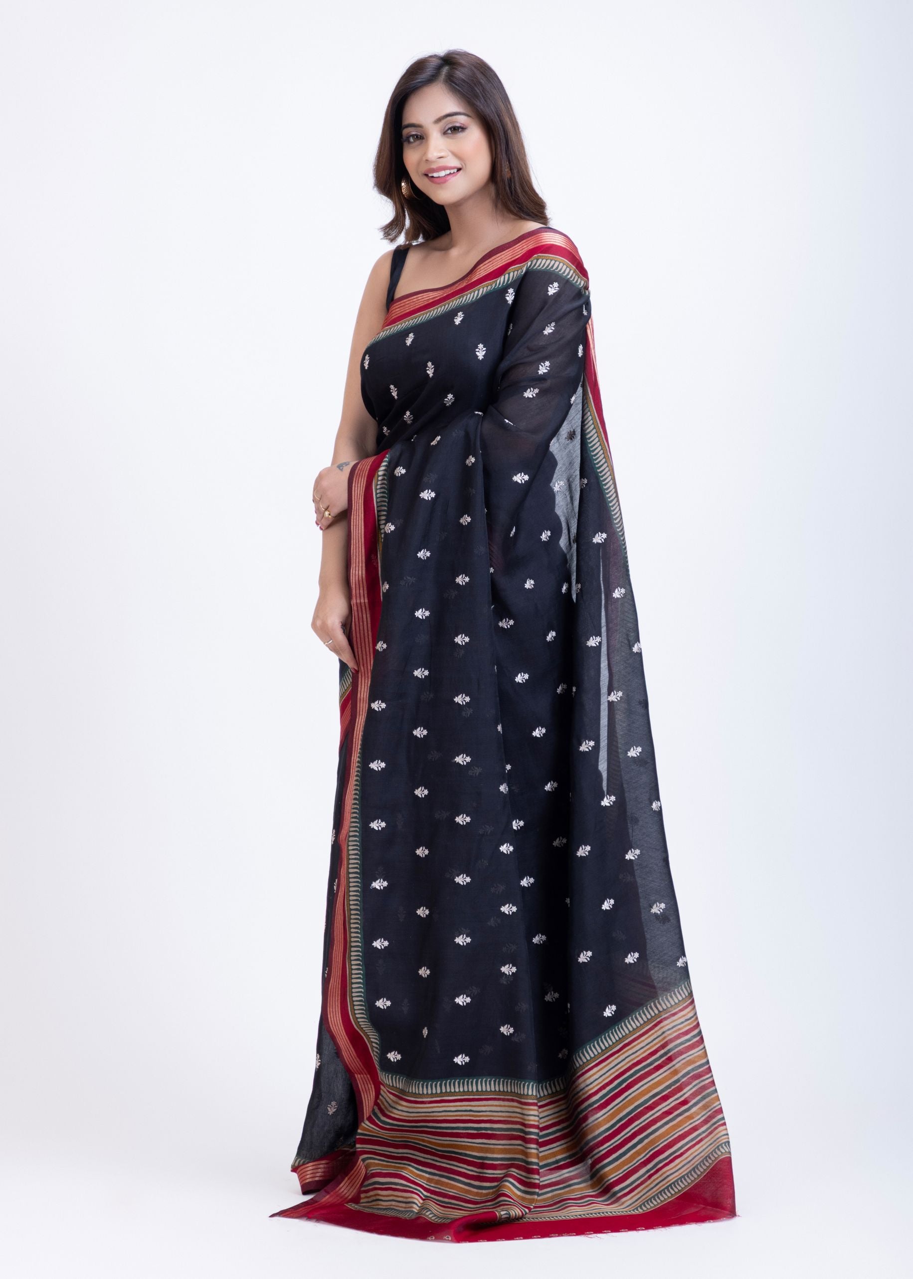 Black Cotton Silk Saree With Red Border and Pallu Back