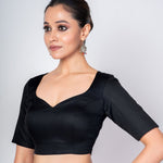 Black Cotton Silk Sweetheart Neck Blouse with Backless & Elbow Sleeves - Anvi Couture