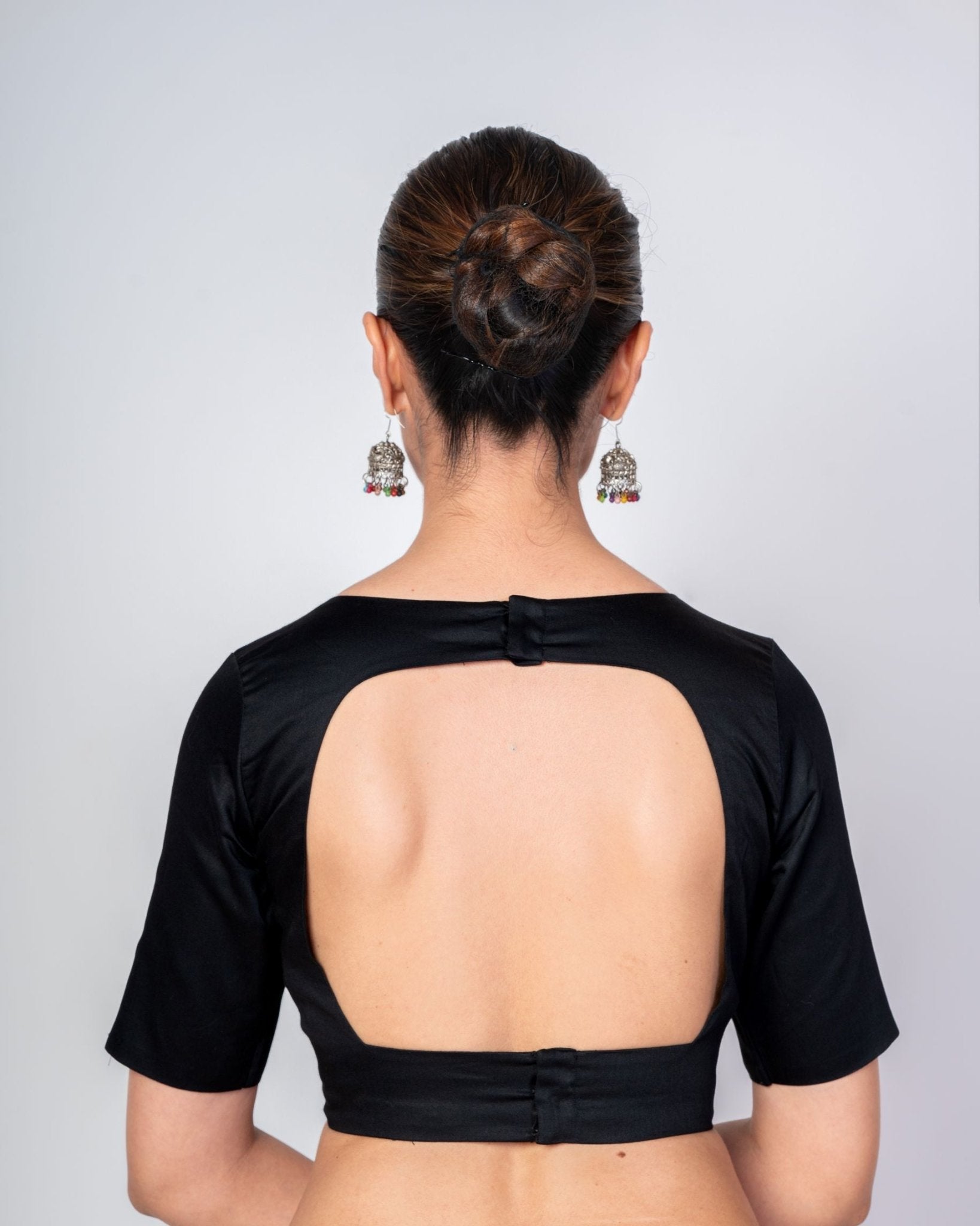 Black Cotton Silk Sweetheart Neck Blouse with Backless & Elbow Sleeves - Anvi Couture