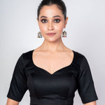 Black Cotton Silk Sweetheart Neck Blouse with Backless & Elbow Sleeves - Anvi Couture