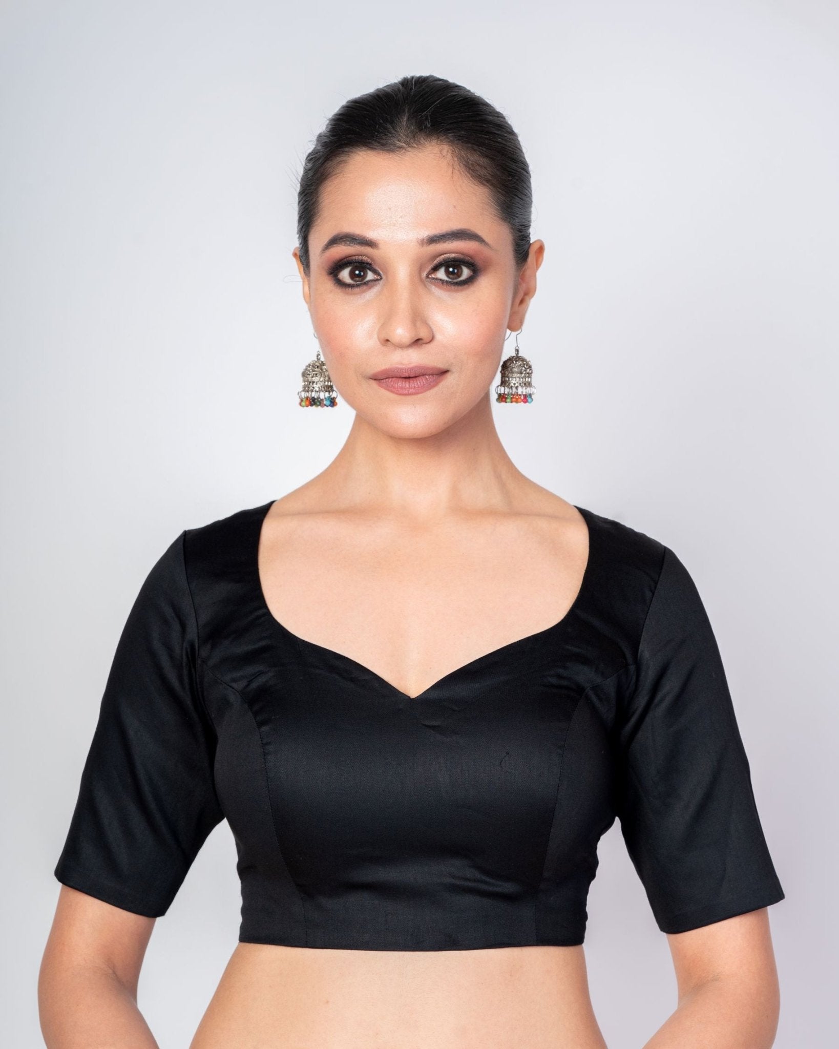 Black Cotton Silk Sweetheart Neck Blouse with Backless & Elbow Sleeves - Anvi Couture