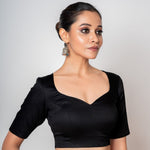 Black Cotton Silk Sweetheart Neck Blouse with Backless & Elbow Sleeves - Anvi Couture