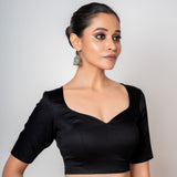 Black Cotton Silk Sweetheart Neck Blouse with Backless & Elbow Sleeves - Anvi Couture