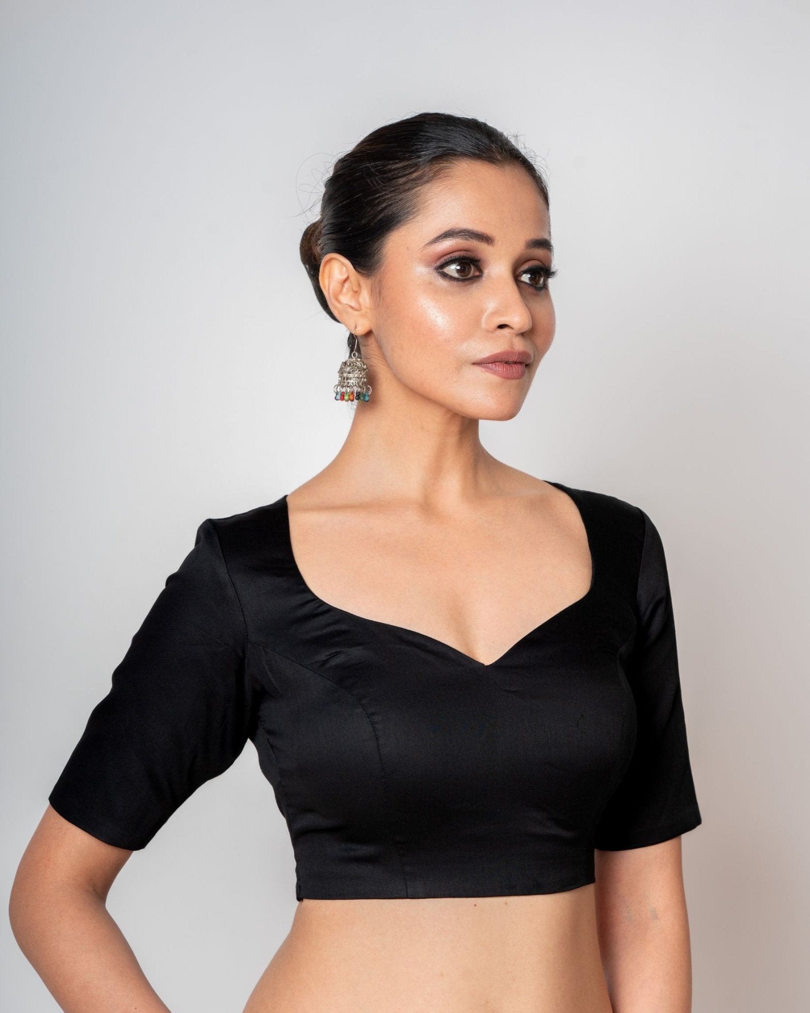 Black Cotton Silk Sweetheart Neck Blouse with Backless & Elbow Sleeves - Anvi Couture