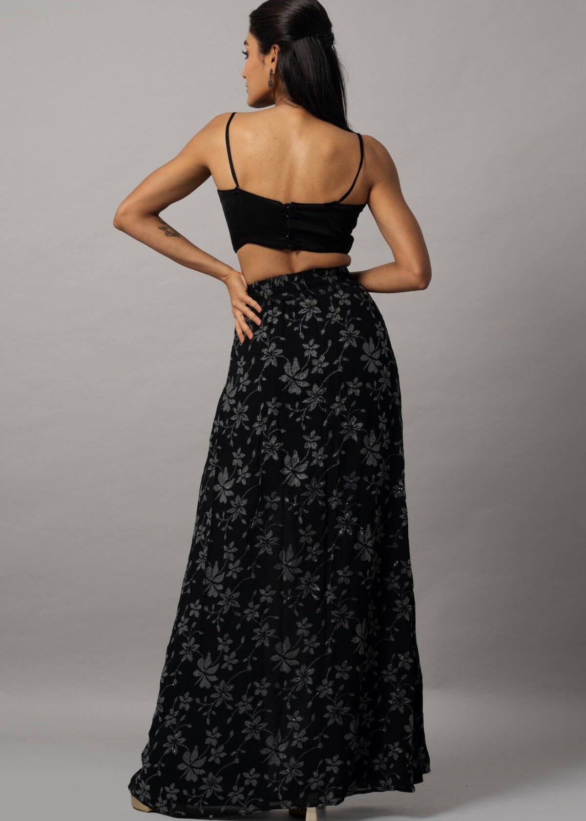 Black crop top with slit skirt co ord set for women