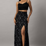 Black crop top with slit skirt co ord set for women