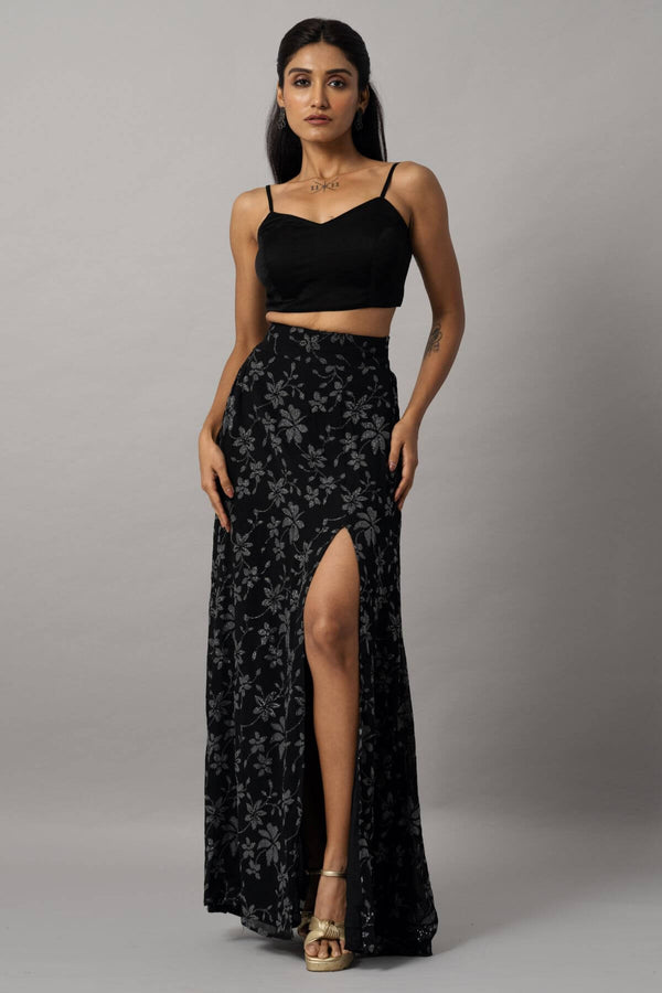 Black crop top with slit skirt co ord set for women - Image 1