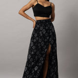 Black crop top with slit skirt co ord set for women