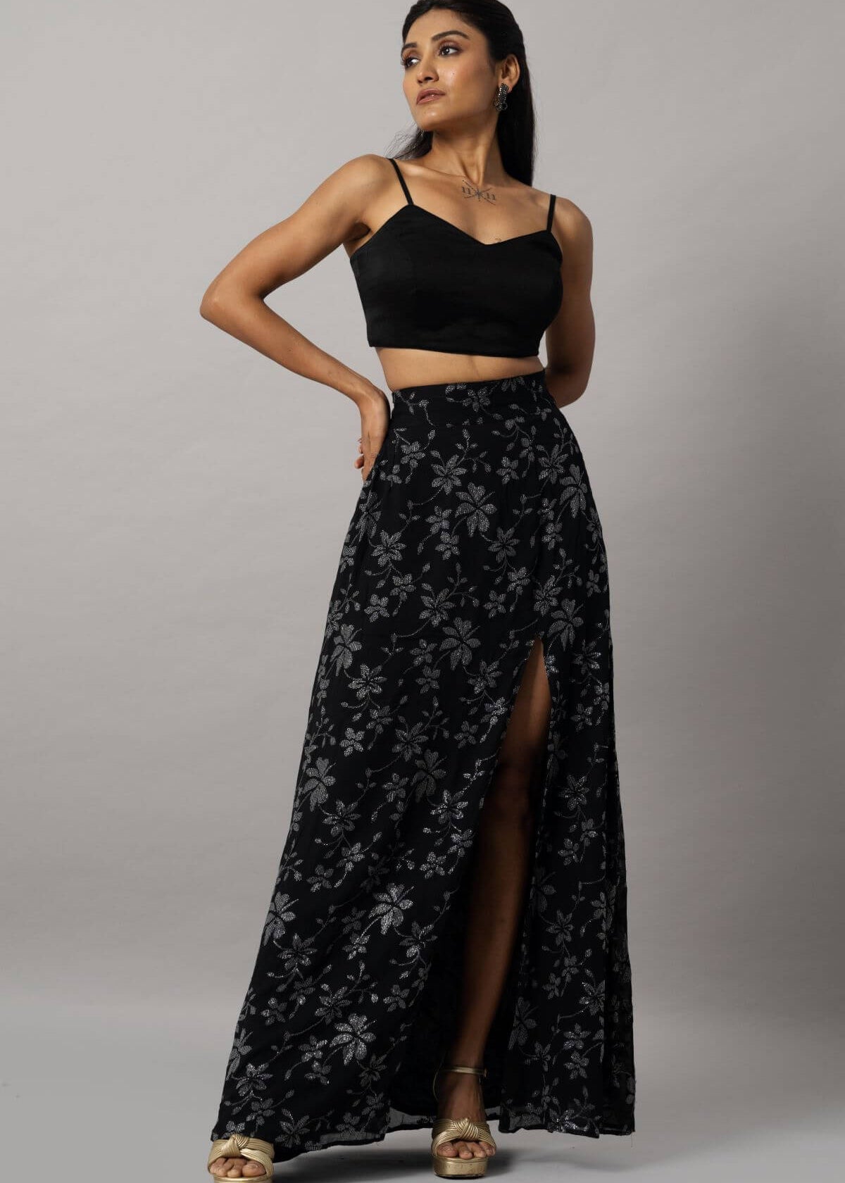 Black crop top with slit skirt co ord set for women