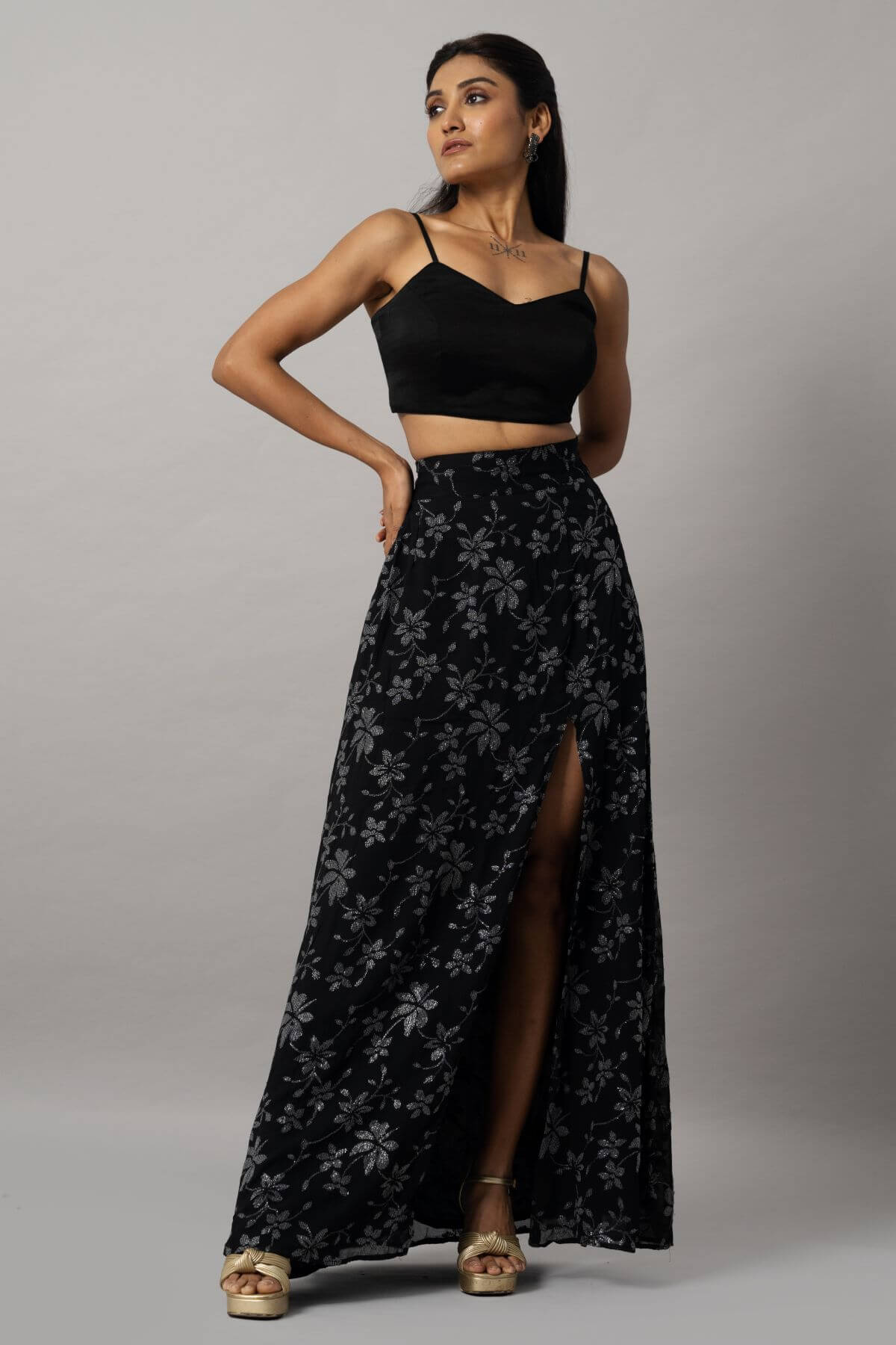 Black crop top with slit skirt co ord set for women