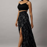 Black crop top with slit skirt co ord set for women