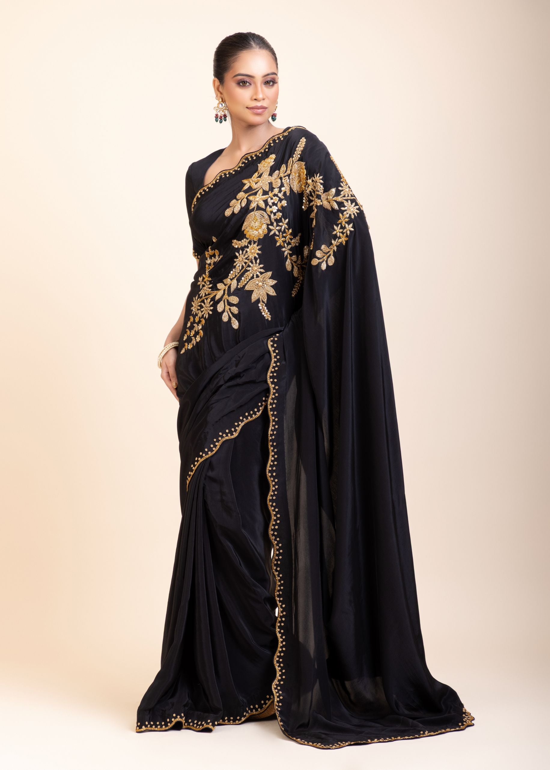 Black Designer Hand Embroidered Saree -Front
