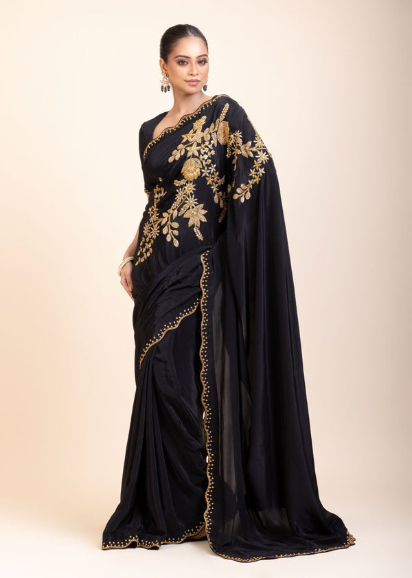 Black Designer Hand Embroidered Saree - Anvi Couture
