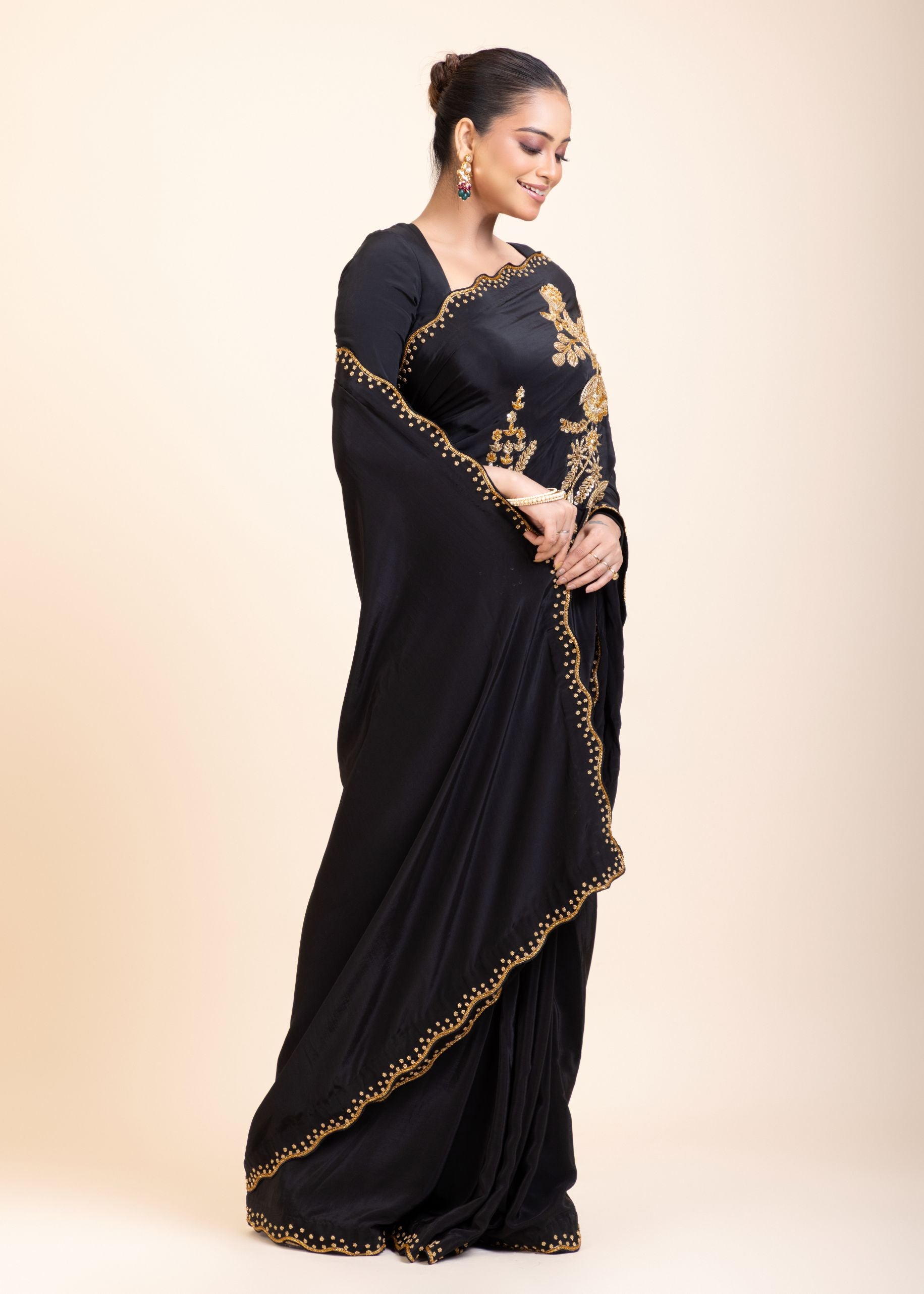 Black Designer Hand Embroidered Saree -Side
