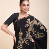 Black Designer Hand Embroidered Saree -Close
