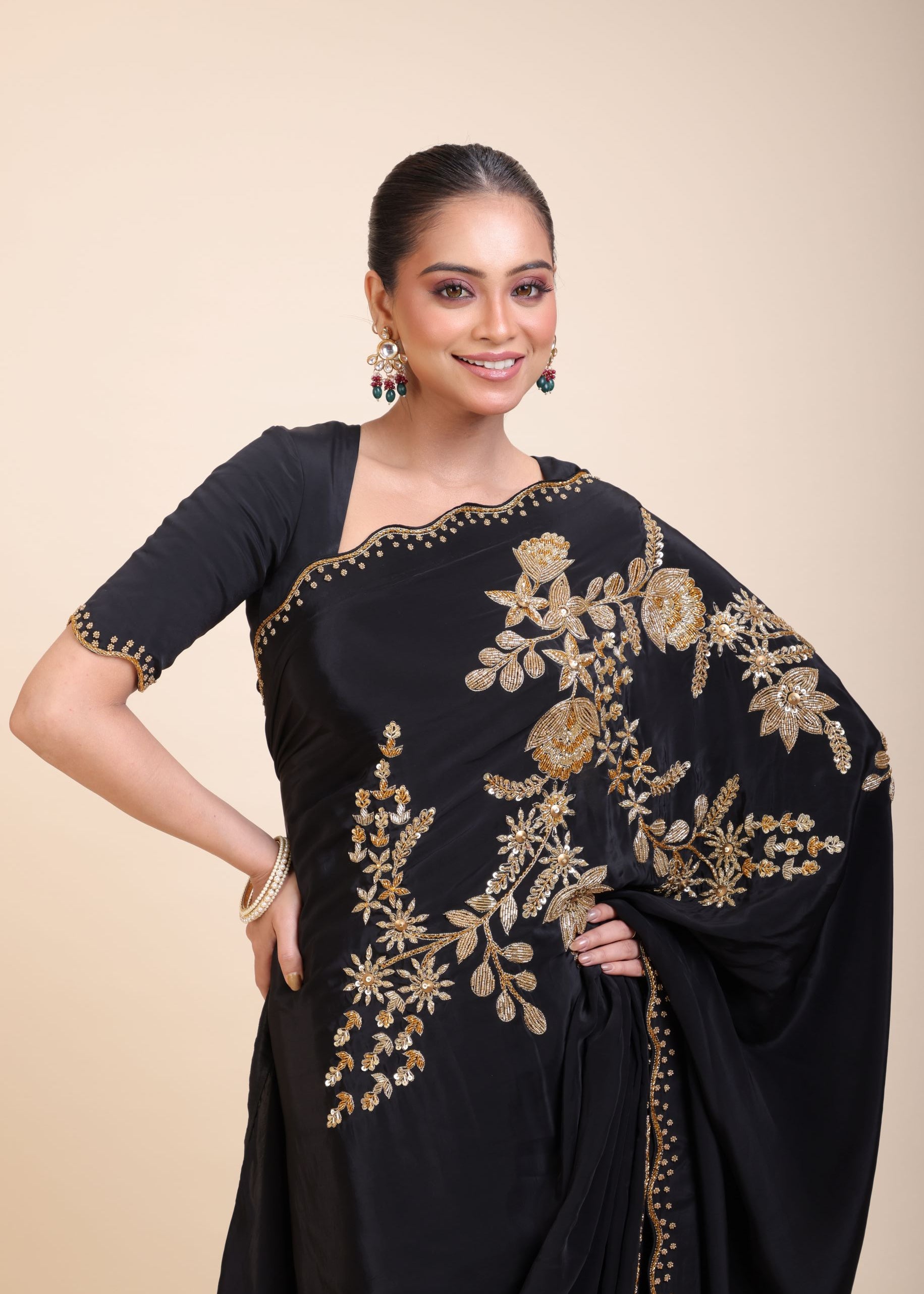 Black Designer Hand Embroidered Saree -Close
