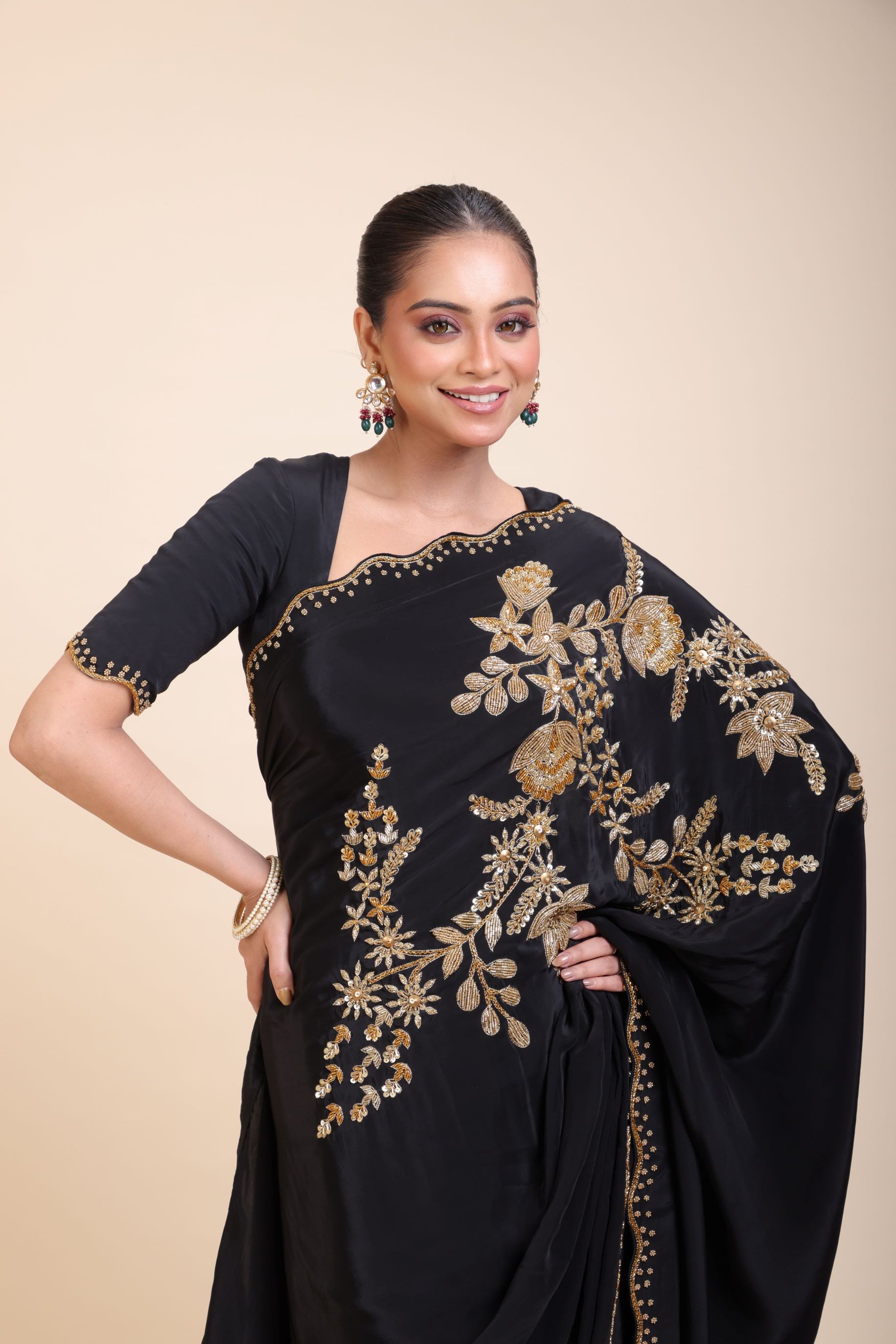 Black Designer Hand Embroidered Saree -Close
