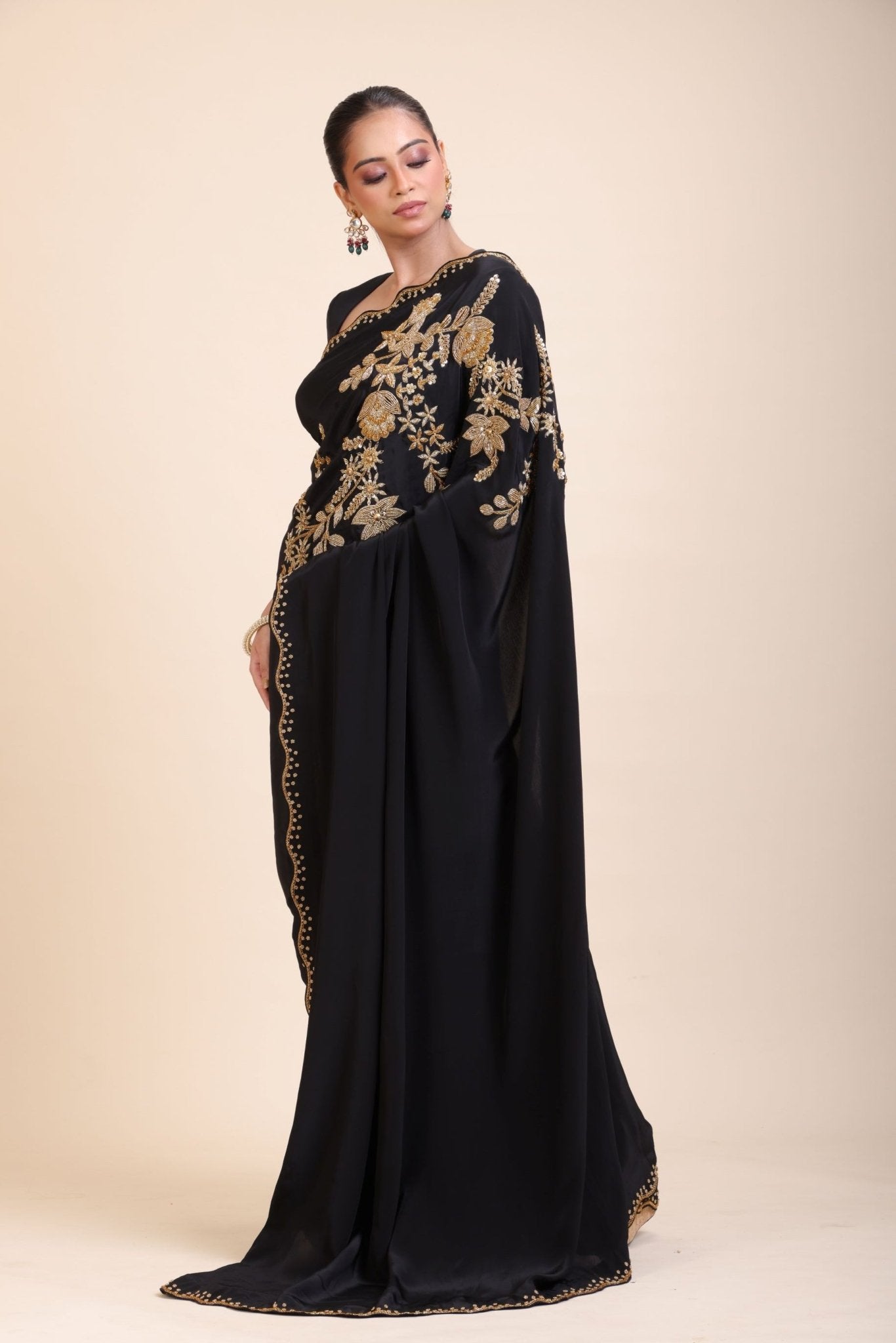 Black Designer Hand Embroidered Saree - Anvi Couture