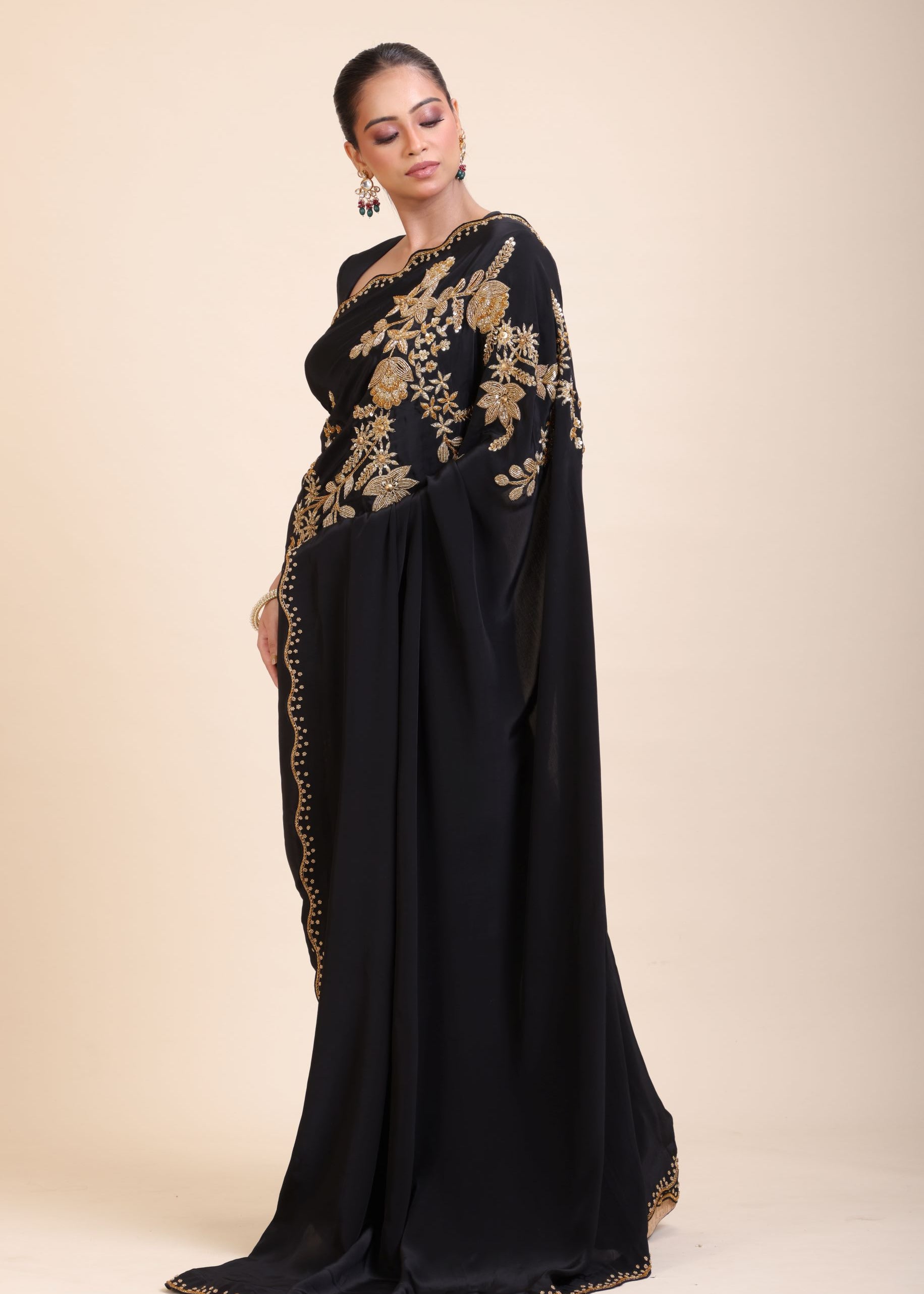 Black Designer Hand Embroidered Saree -Left Side
