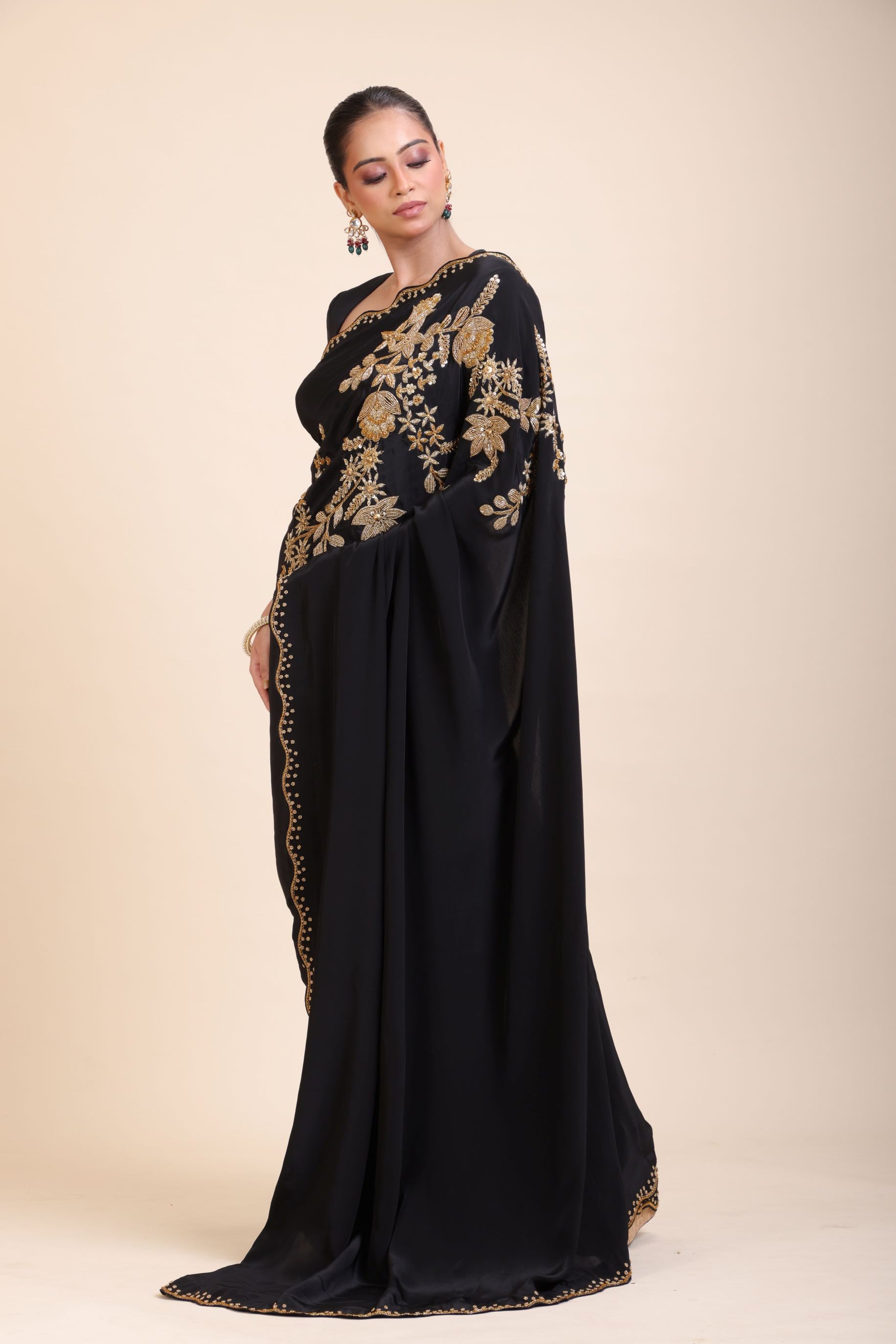Black Designer Hand Embroidered Saree -Left Side
