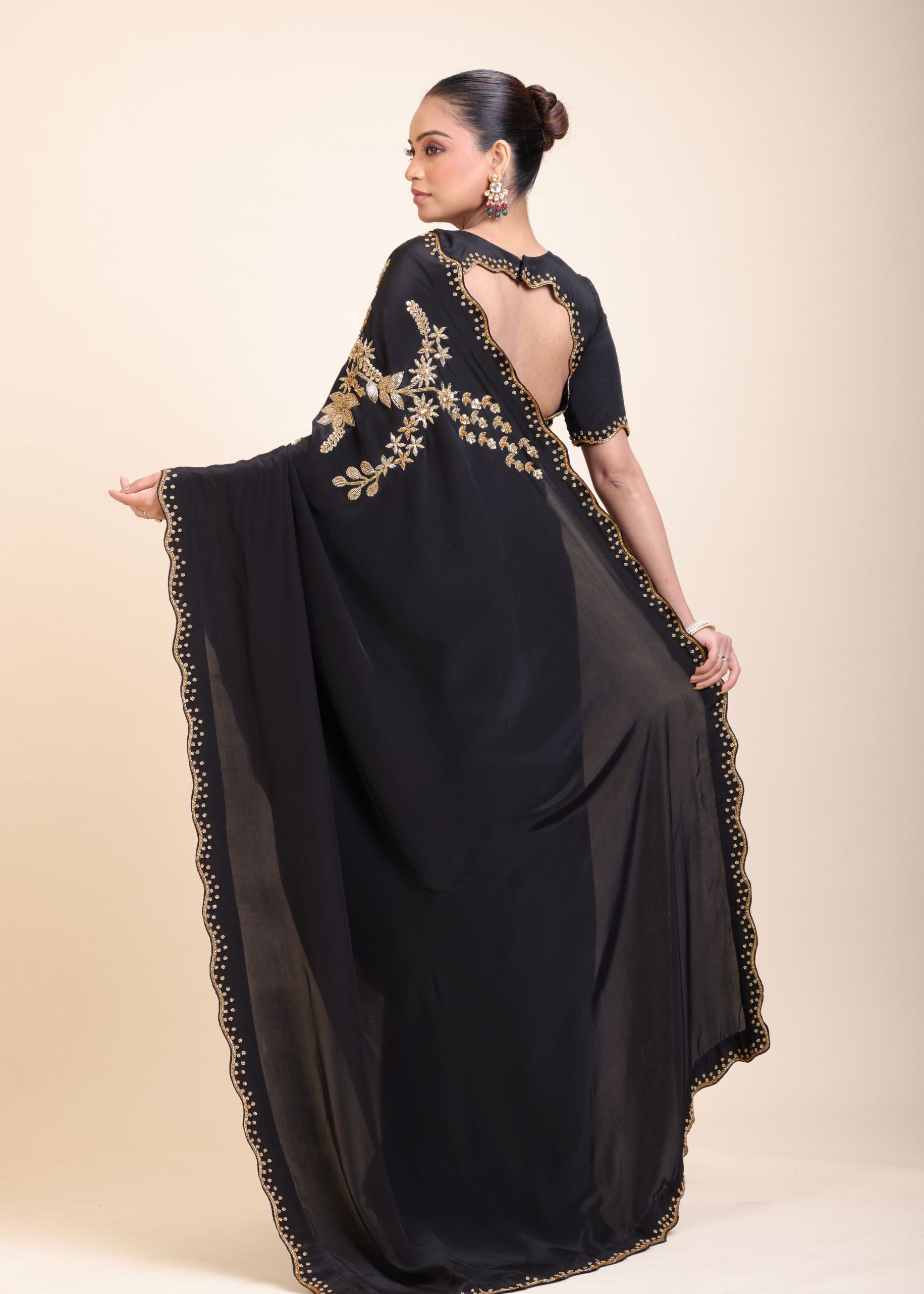Black Designer Hand Embroidered Saree -Back
 