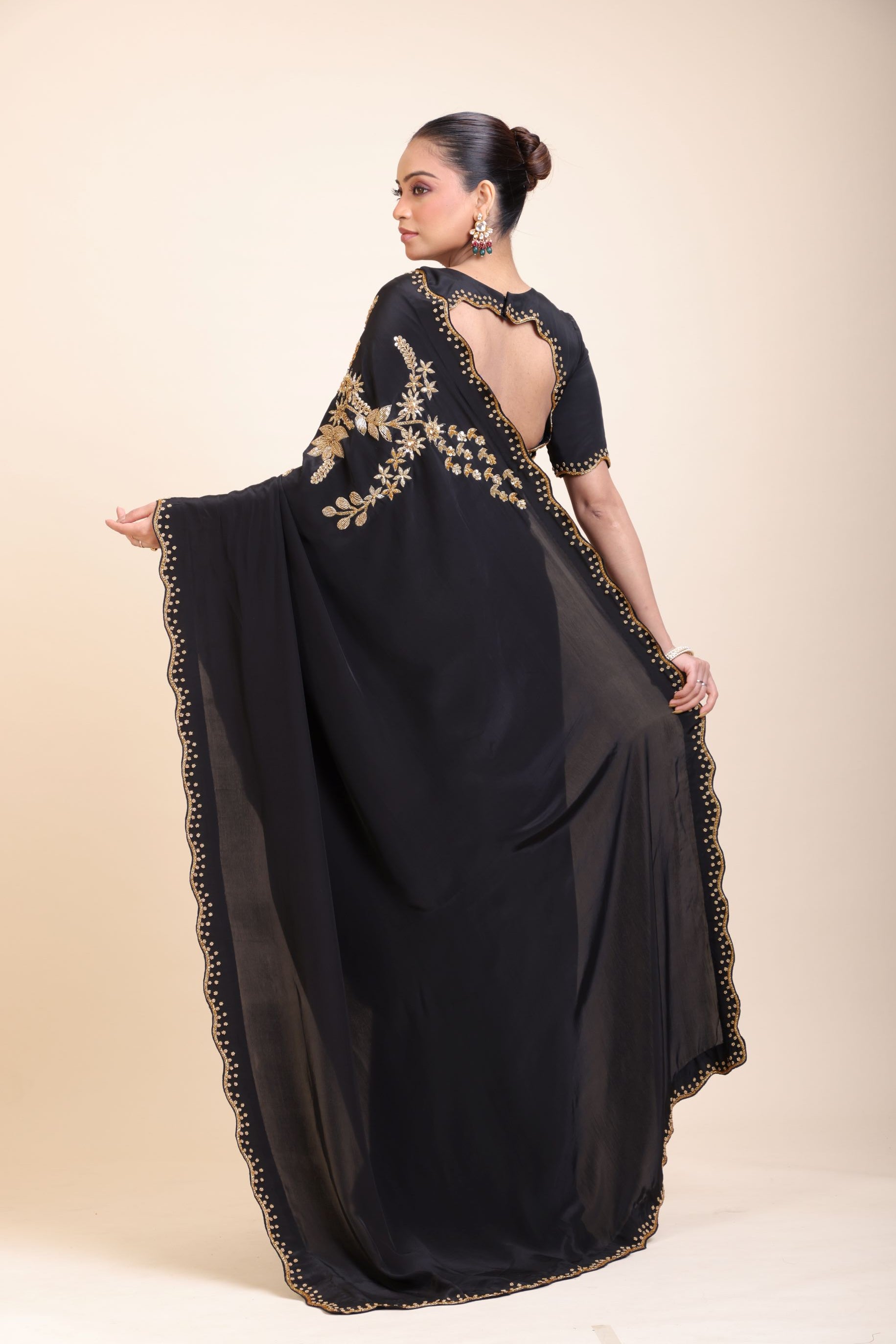 Black Designer Hand Embroidered Saree -Back
 