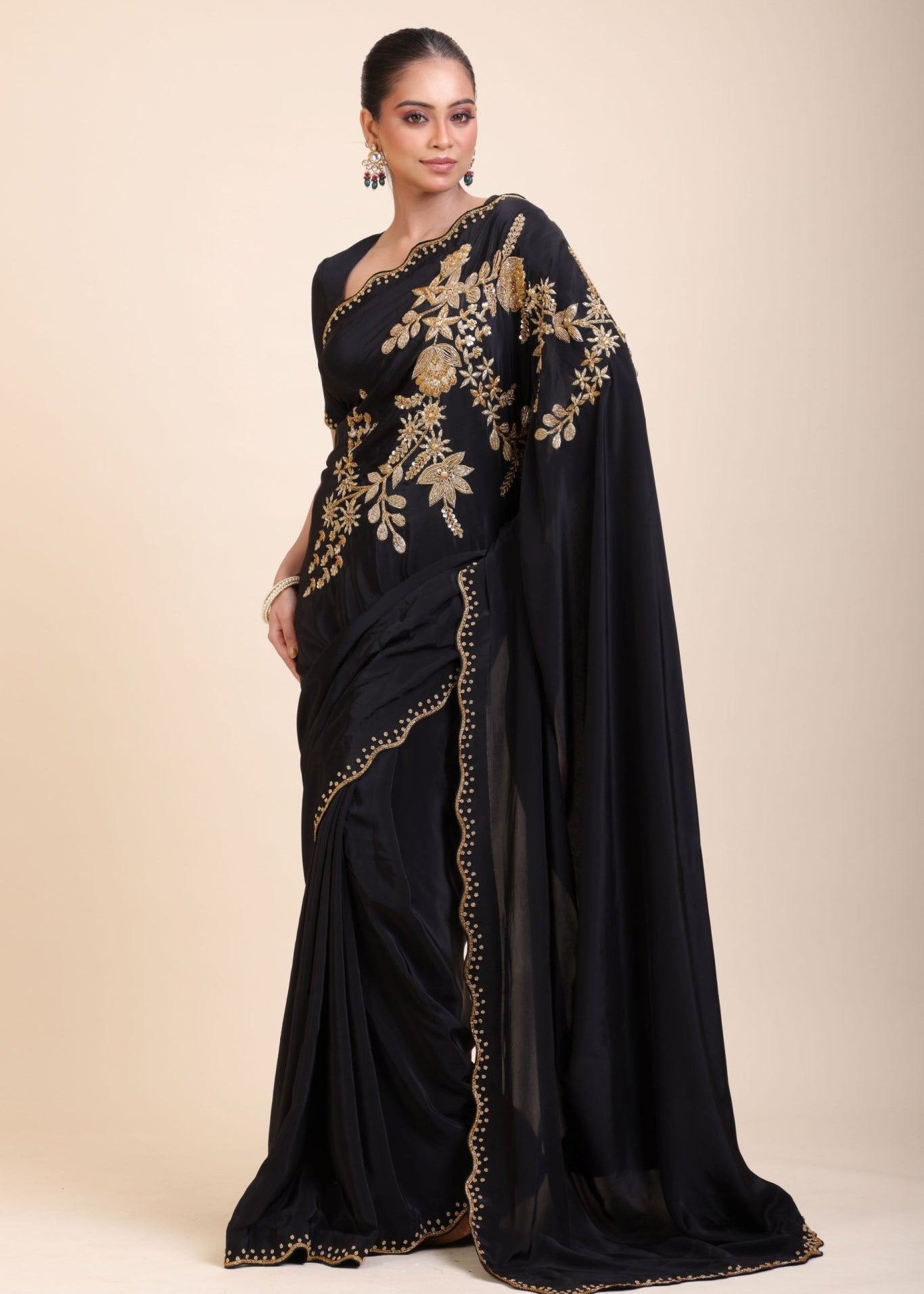 Black Designer Hand Embroidered Saree - Anvi Couture