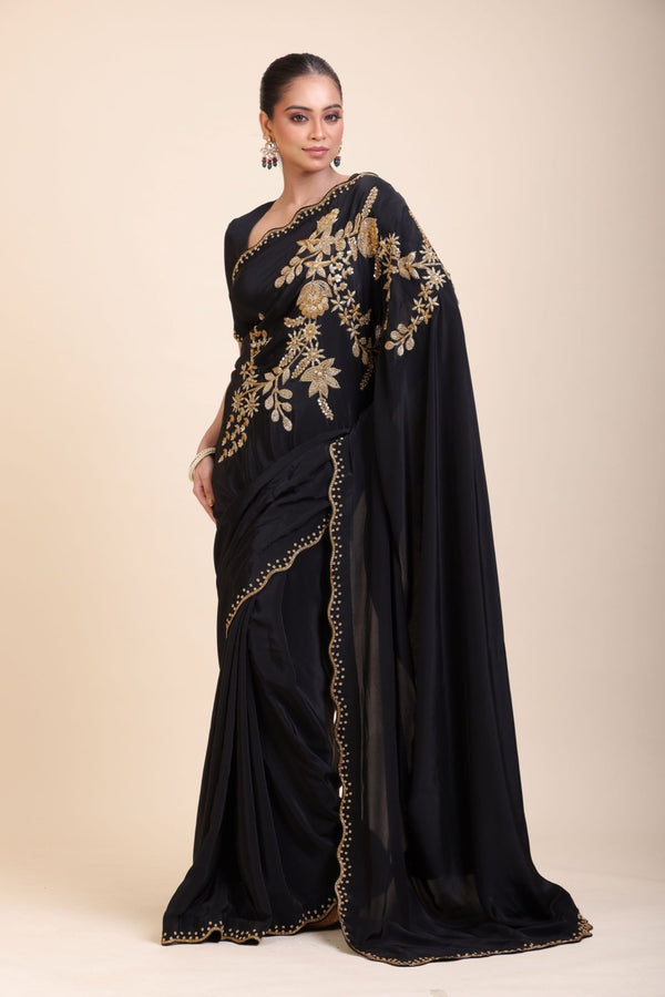 Black Designer Hand Embroidered Saree - Anvi Couture