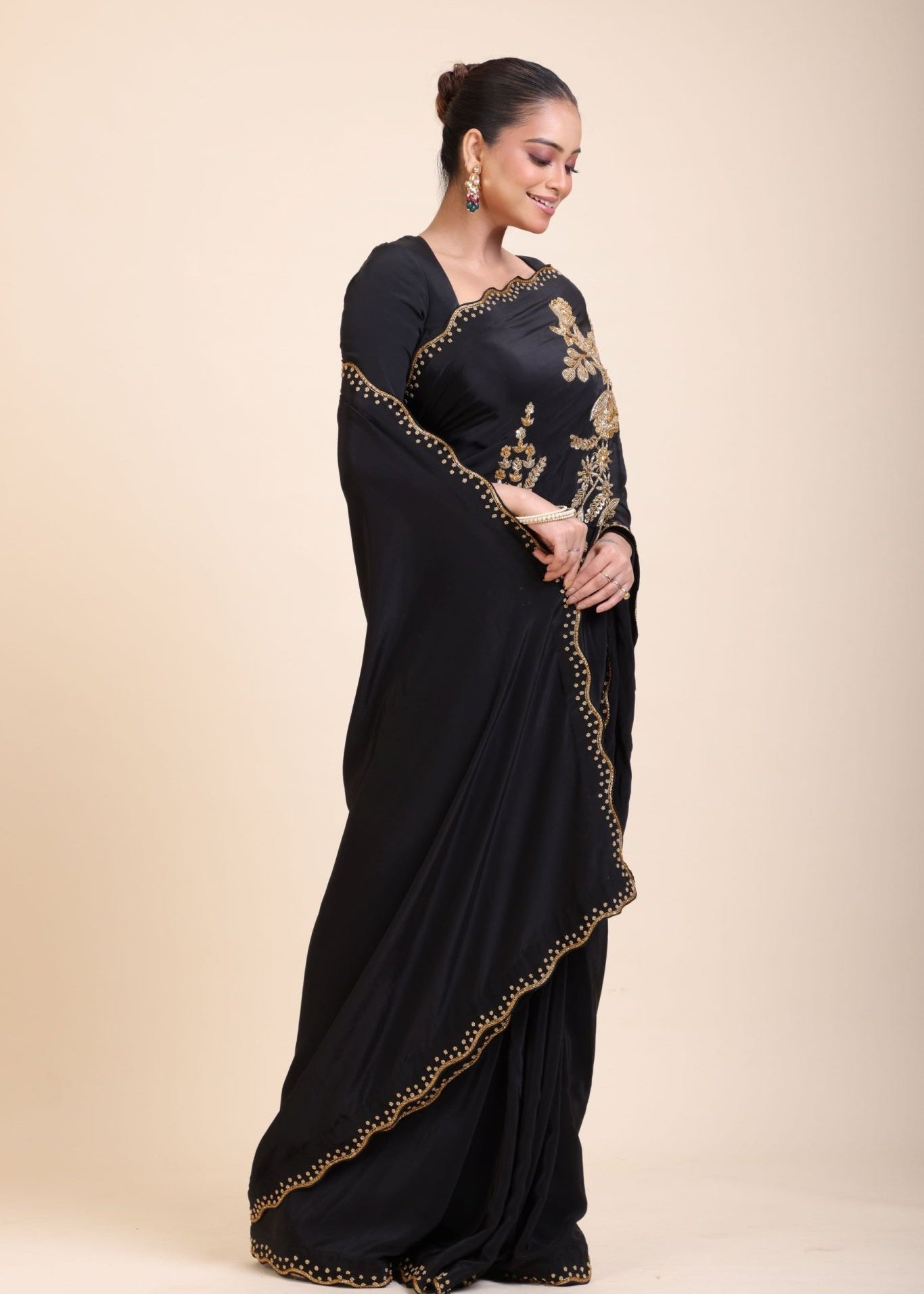 Black Designer Hand Embroidered Saree - Anvi Couture