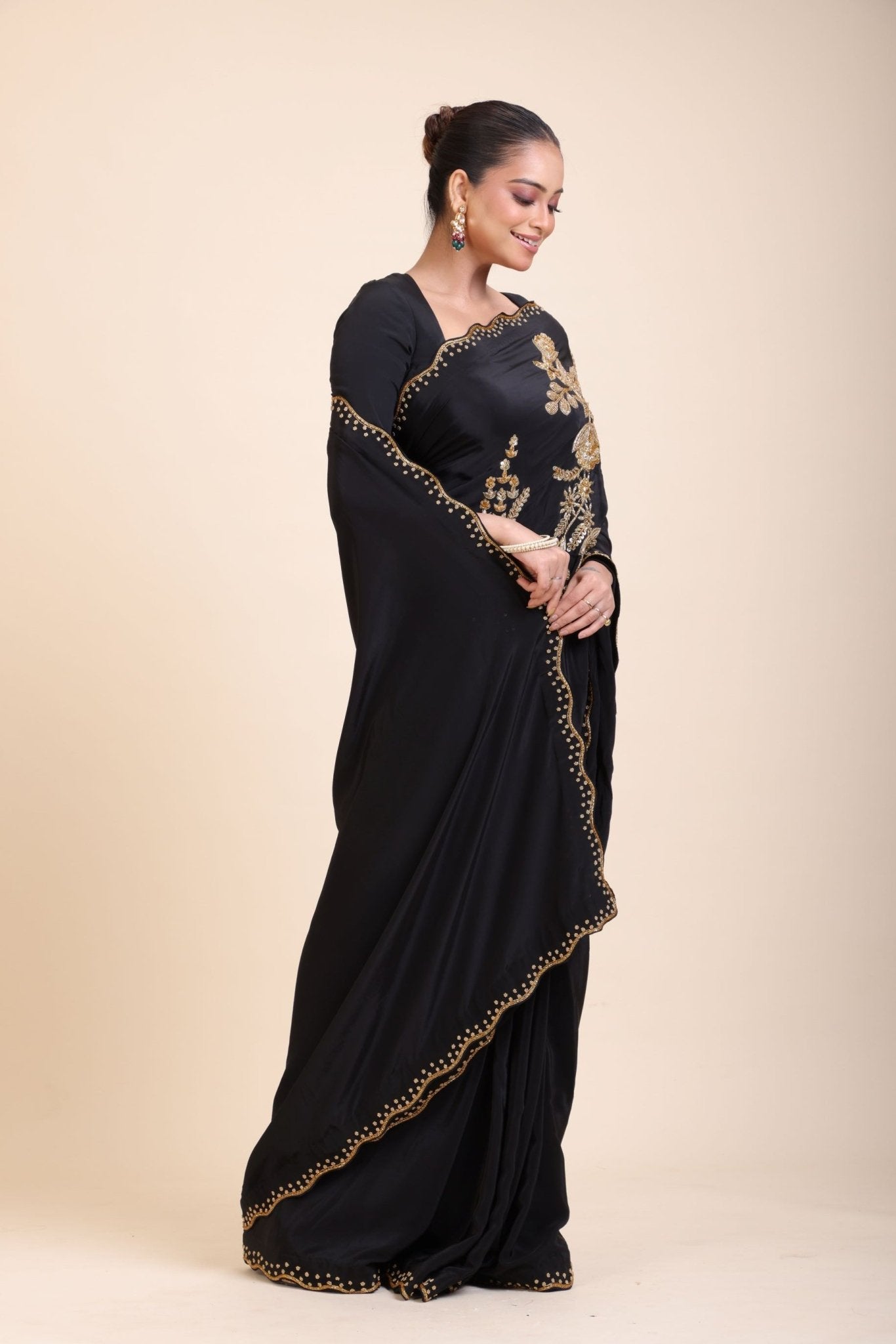 Black Designer Hand Embroidered Saree - Anvi Couture