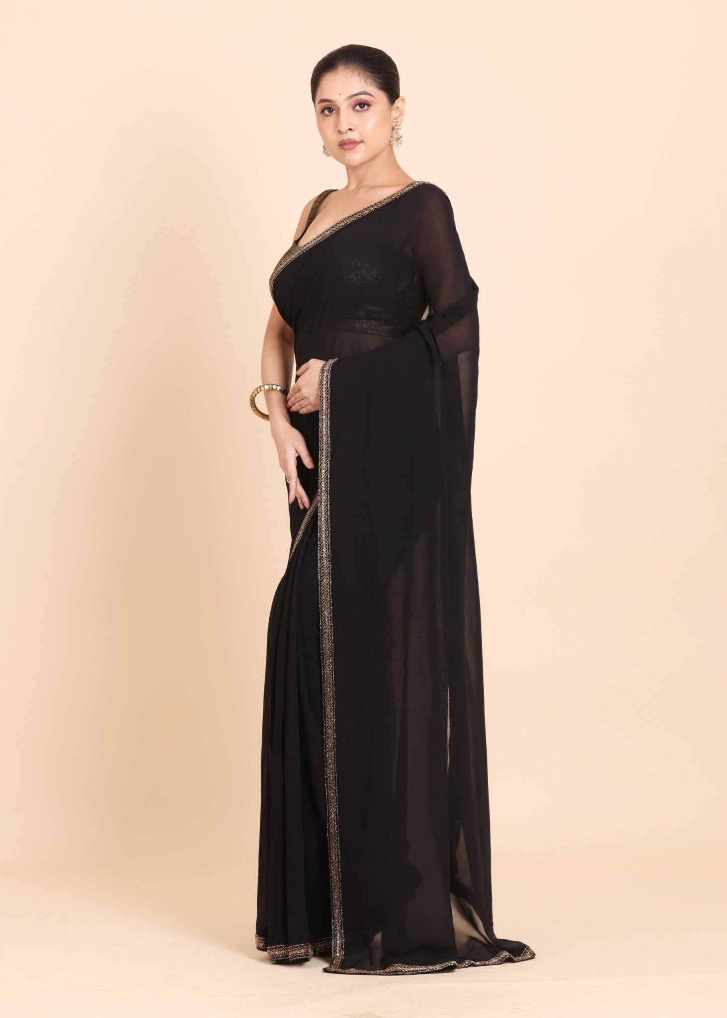 Black Designer Saree Set With Multicolor Stone And Cutdana Embroidery - Anvi Couture