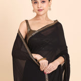 Black Designer Saree Set With Multicolor Stone And Cutdana Embroidery close up