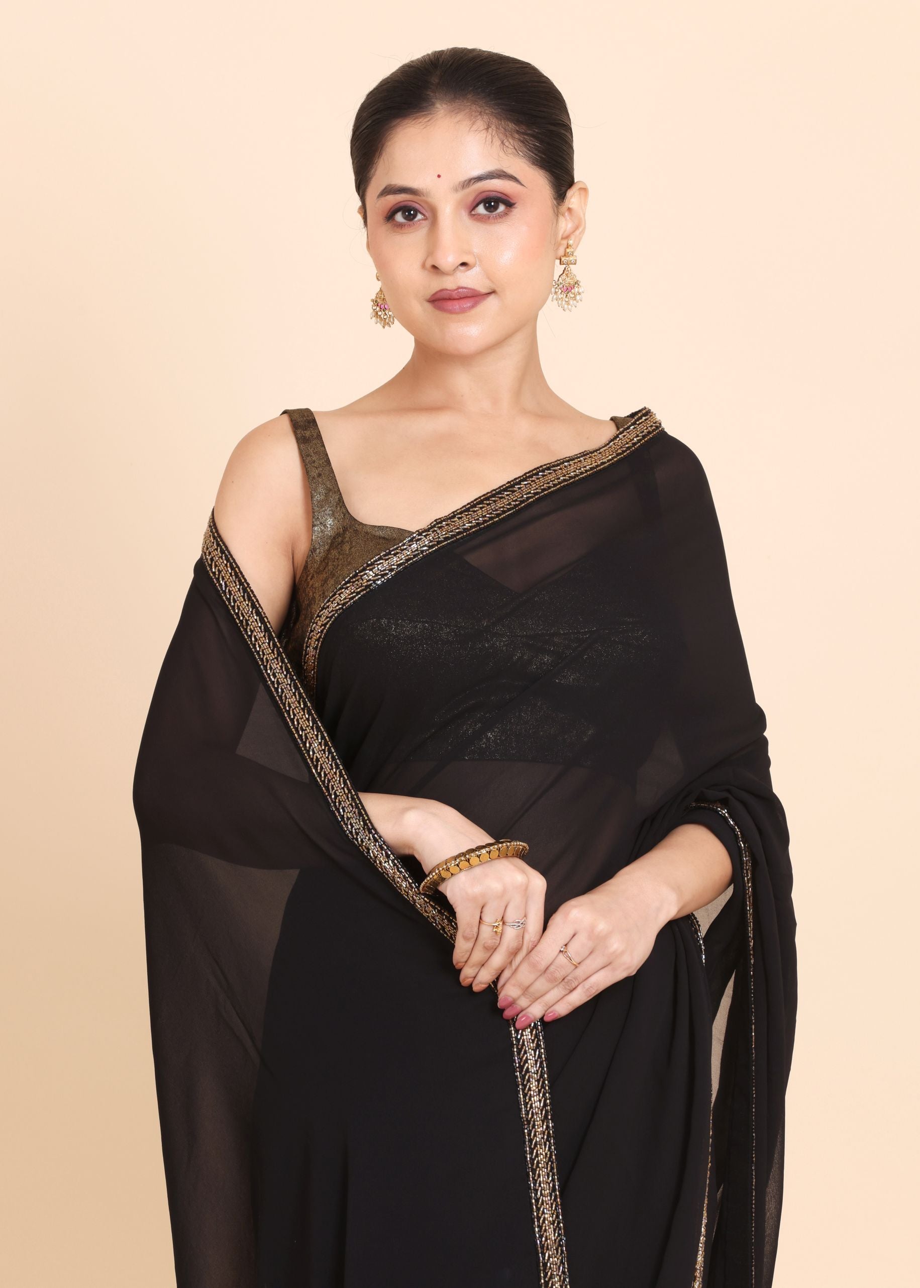 Black Designer Saree Set With Multicolor Stone And Cutdana Embroidery close up