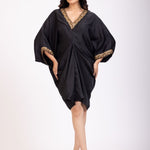 Black Drape Dress With Hand Embroidered Lace - Anvi Couture