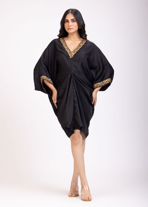 Black Drape Dress With Hand Embroidered Lace - Anvi Couture