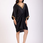 Black Drape Dress With Hand Embroidered Lace - Anvi Couture